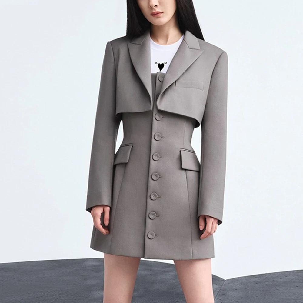 TWOTWINSTYLE Slim Two Piece Set For Women Notched Collar Long Sleeve Coat Strapless High Waist Mini Dress Minimalist Sets Female