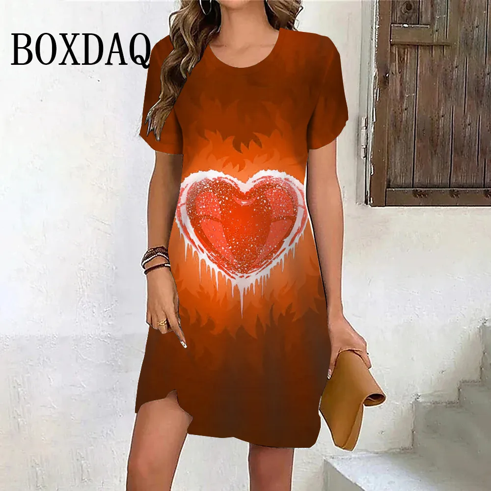 Short Sleeve Casual Ladies Mini Dress Fashion Street Female Graphic Dress Women Love Heart Sweet Print Summer Clothing Dress Ne