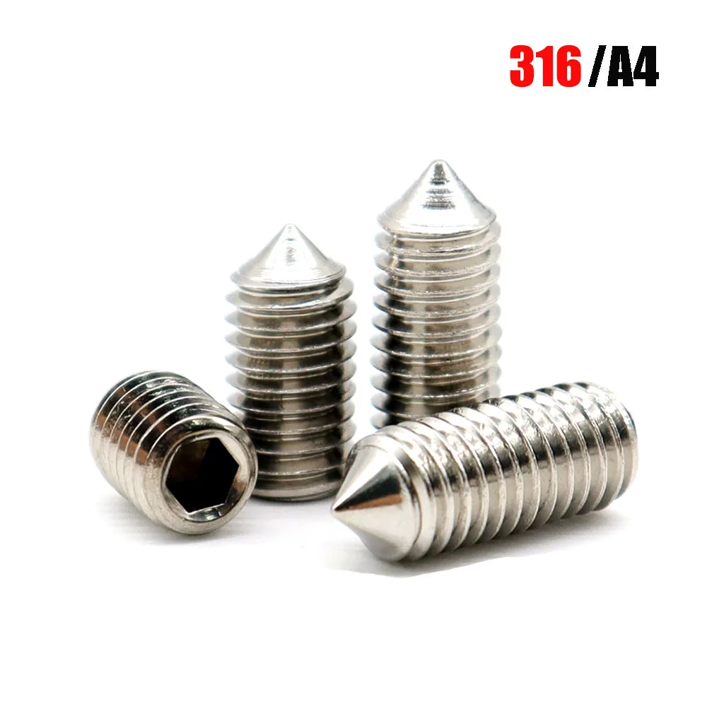 2/50pcs M3M4 M5 M6 M8 M10 316 A4-80 Stainless Steel Hex Hexagon Socket Allen Tapered End Grub Headless Bolt Cone Point Set Screw