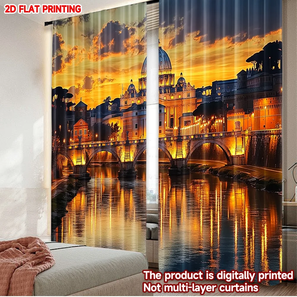 2D flat printing 2pcs Curtain Window Curtains Vatican Sunset Reflection Digital Printed Polyester Drapes Festive Holiday Perfect