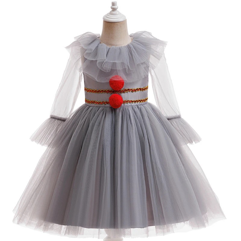 Graues Clown-Tutu-Kleid für Mädchen, Kinder-Mesh-Tüllkleid mit weißen Handschuhen für Halloween, Karneval, Cosplay, Themenparty – Detail 3