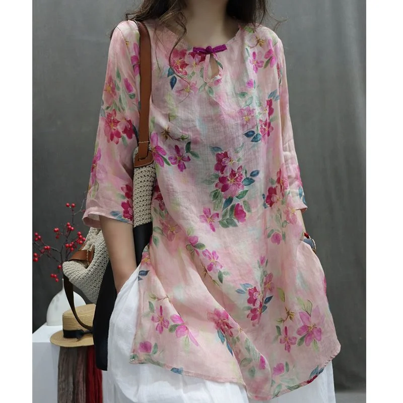 Sommeroberteil für Damen aus Baumwolle und Leinen, neuer Aufdruck, leicht und locker, lässig, vielseitig, mittellanges Hemdoberteil