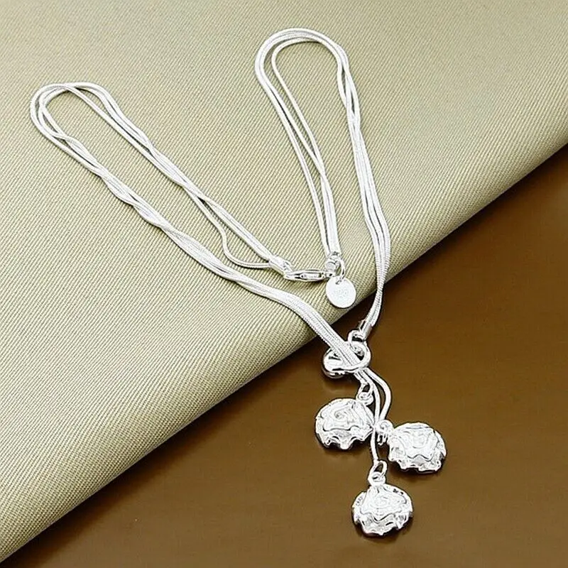 

925 Sterling Silver Triple Snake Chain Rose Flower Pendant Necklaces Jewelry Accessories