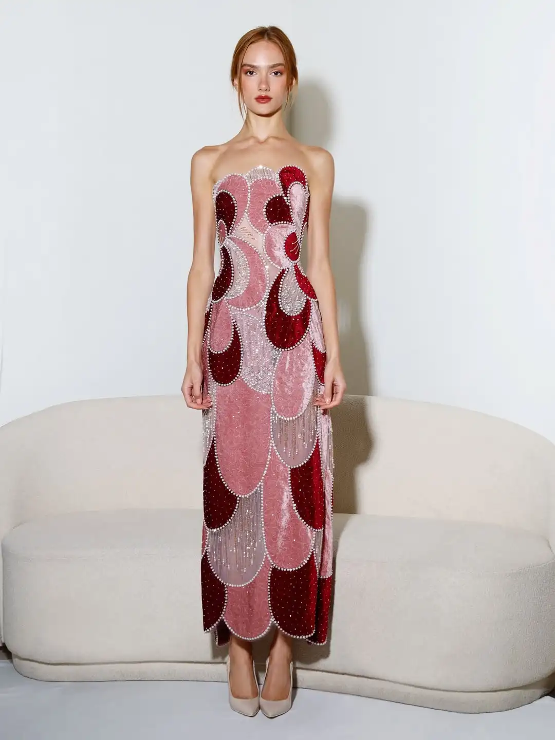 

Ofherown New Pink Burgundy Strapless Midi Evening Dress Women Scalloped Pattern Beaded Sequin Prom Gown for Party Customized