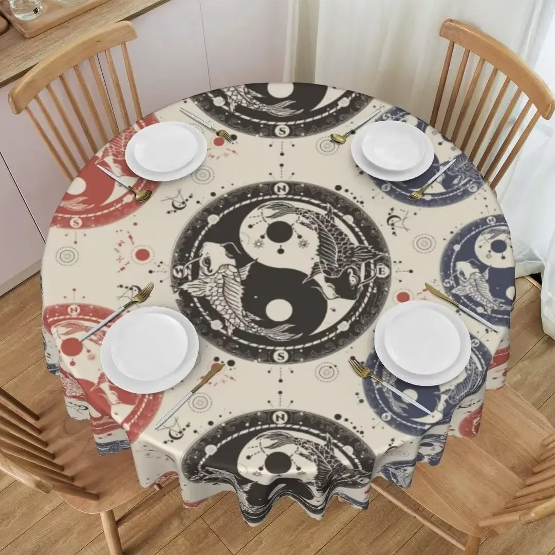 Yin Yang Koi Fish Celestial Circle Tablecloth - Mid Century Moon Stars Indoor Outdoor Diner Cover