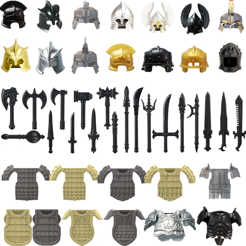 MOC-armas de caballeros medievales, figuras de soldado militar, regalos, bloques de construcción, cascos, chalecos de armadura, accesorios de escudo, Mini ladrillos