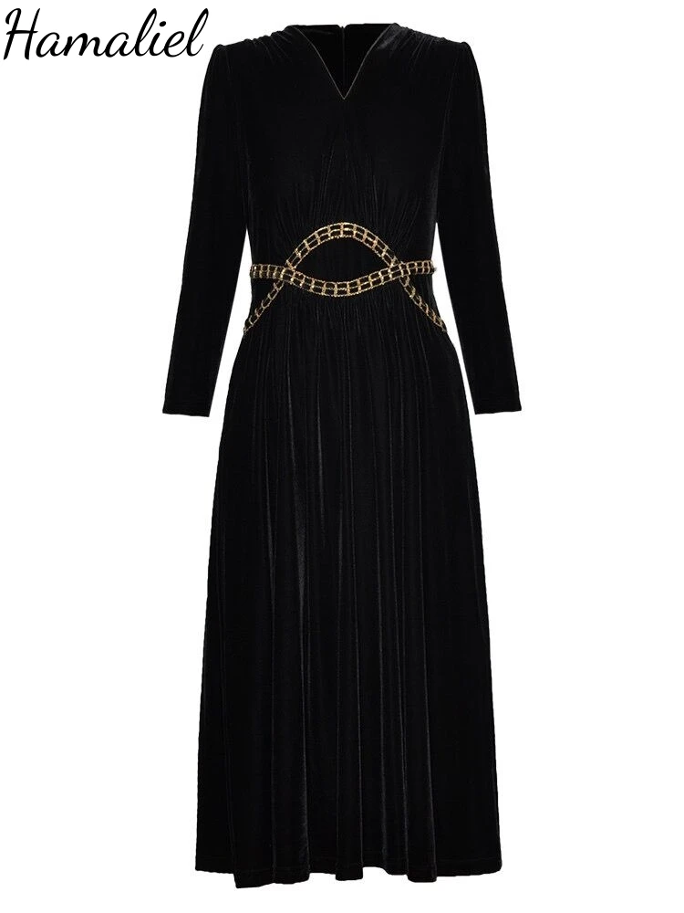 Autumn Winter Runway Luxury Chain Splice Velvet Midi Dresses Women Elegant V Neck High Waist Thick Warm Velour Party Vestidos