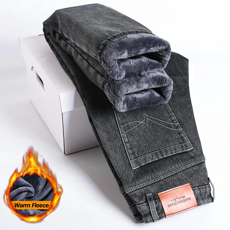 

Зимние флисовые джинсы 2025 года, мужские противоугонные теплые джинсовые брюки с карманами на молнии, классические прямые повседневные толстые плюшевые бархатные брюки