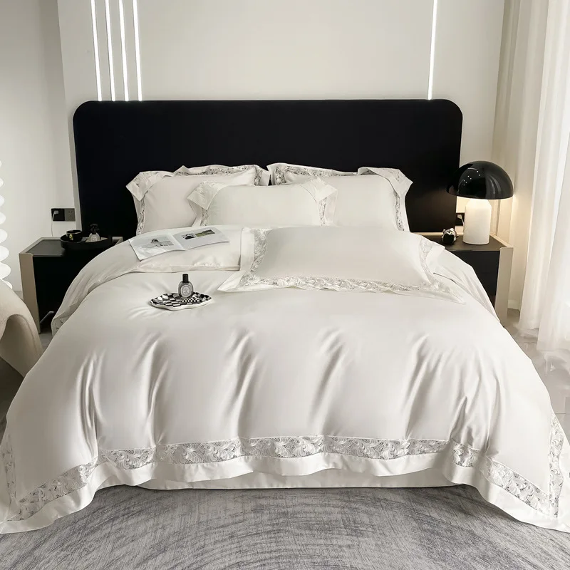 

Light Luxury 100 High Luxury Pure Cotton Long-staple Cotton Hollow Lace Simple 4pcs Bedding Set