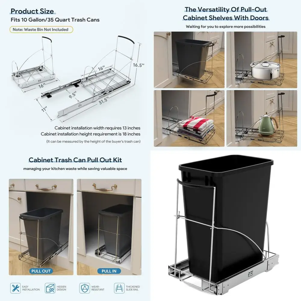 

Kitchen Cabinet Slide-Out Trash Bin, Chrome, Adjustable for 7-10 Gallon Cans, 13W x 18D Cabinet Space