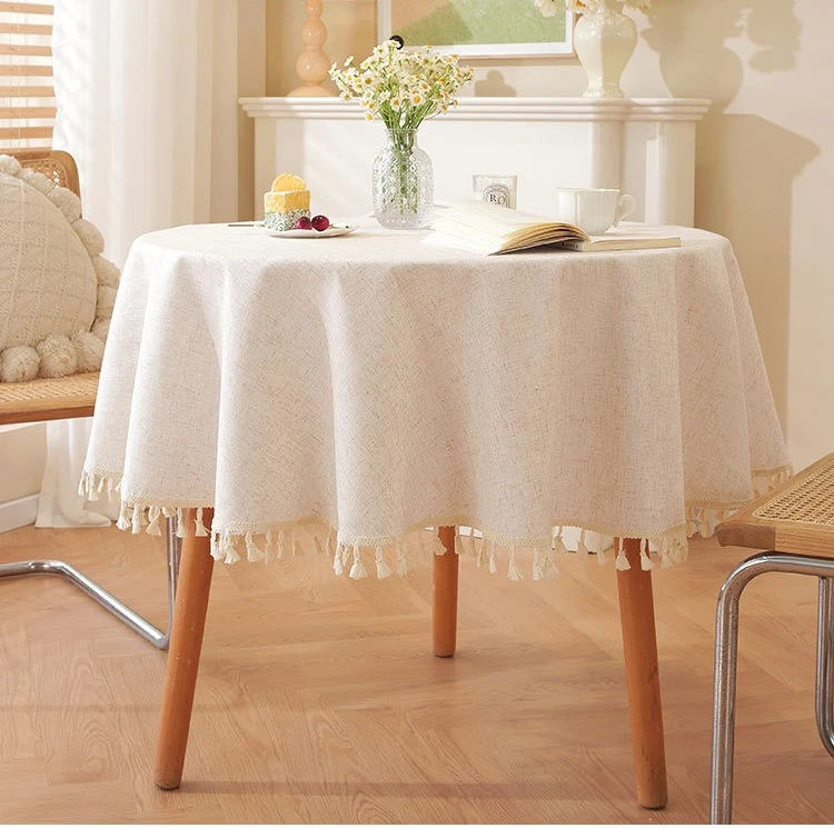 

Farmhouse Round Tablecloth Solid Color Tassel Cotton Linen Table Cover for Kitchen Dining Party Tabletop Decoration Accessories