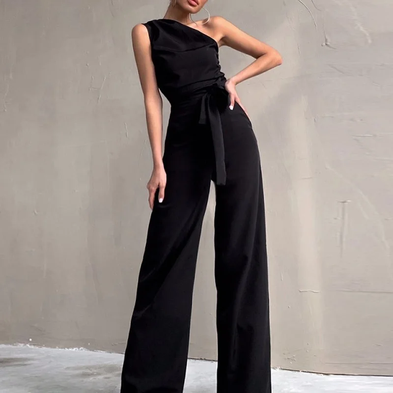 Fashion Casual High Street Slim Solid Jumpsuits Women Sexy Skew Collar Backless Jumpsuit Spring Summer Sleeveless Lace-Up Romper