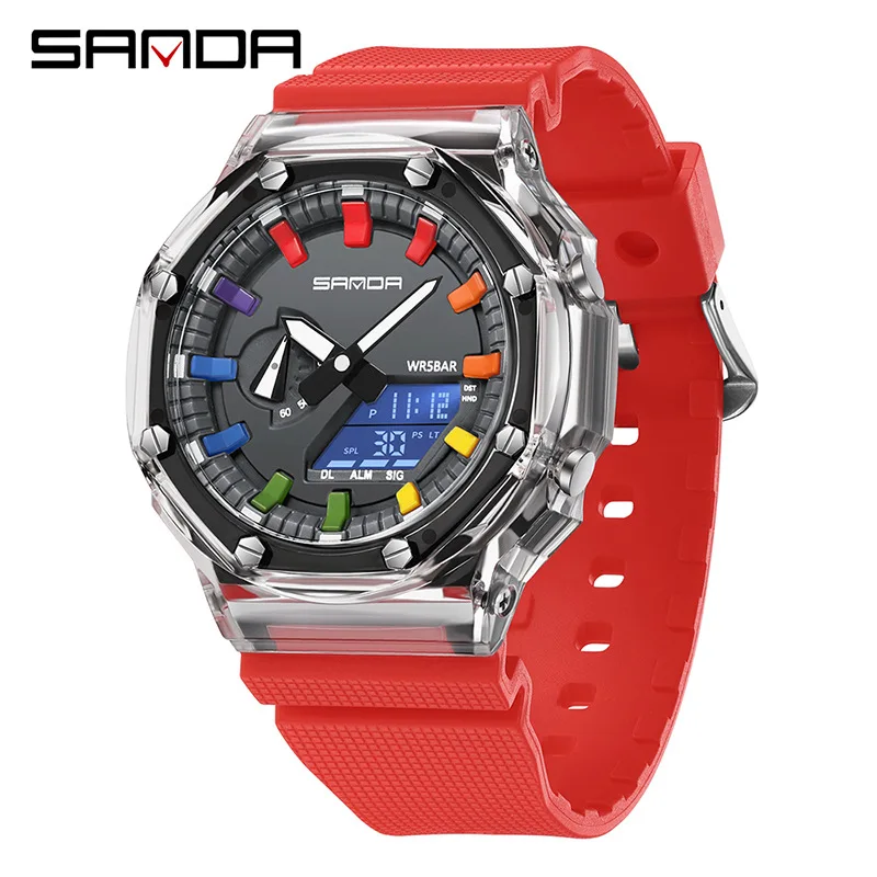 ساعة SANDA Vitality النسخة الكورية الشفافة الإلكترونية متعددة الوظائف وحركة العرض المزدوجة للشباب والسباحة الرياضية