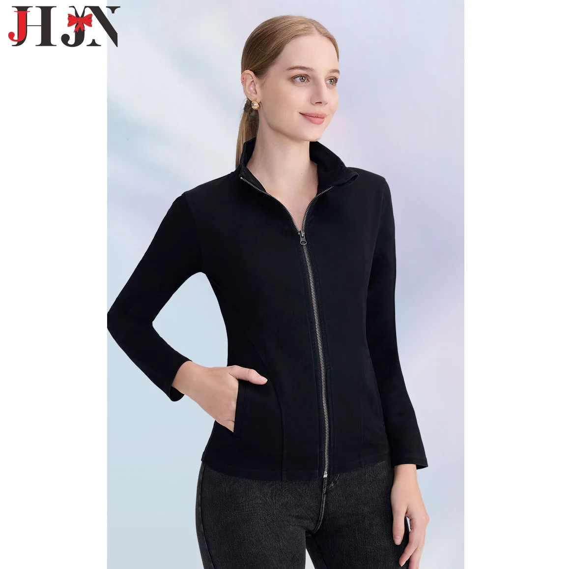 

JHJN новая джинсовая куртка для йоги для женщин с высоким воротником, плотные двойные карманы, спортивная верхняя одежда, топы для фитнеса, роскошная женская одежда