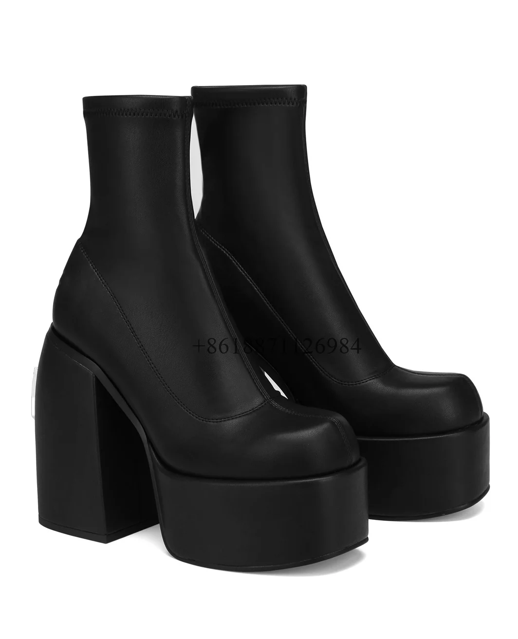 

Black Genuine Leather Square Toe Mid-Calf Platform Women Boots Chunky High Heels Slip On Design Large Size Sexy Style Shoes