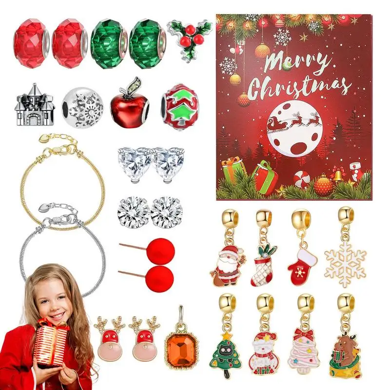 Advent Calendar Bracelet Jewelry Sets 24 Days Countdown Calendar Bow Candy Snowman Reindeer Santa Jewelry Making Kit With 2