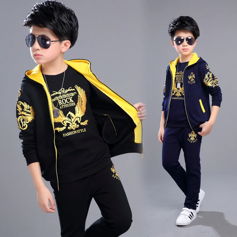 2024 autumn Sport Boys 3PCS/Set Children\' Suit Cotton Hooded Vest + T-Shirts + Pants Kids Tracksuit winter 6 7 8 9 10 11 12 year