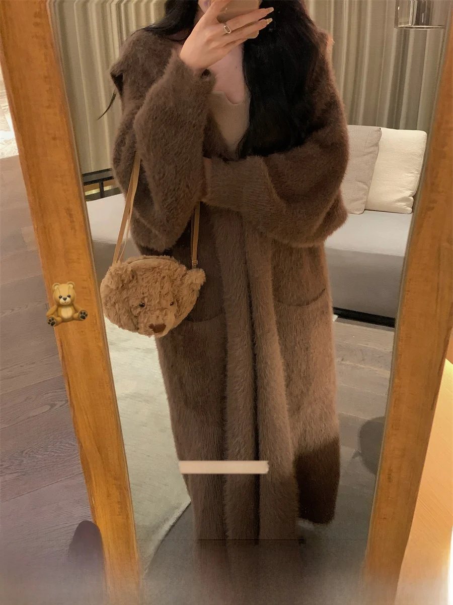 

Warmth DDXZ Evening Hat Mink Fur Long Sve Mid-Length Coat Lazy Korean Sle Gentle Top Commute Straight Tube Polyester