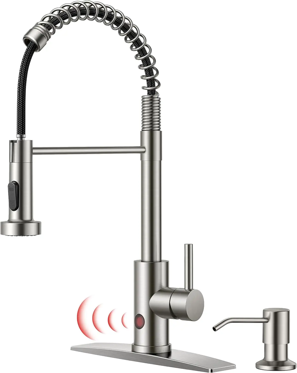 

Бесконтактный кухонный смеситель с дозатором мыла, датчиком движения, выдвижным распылителем, без помощи рук, матовый никель