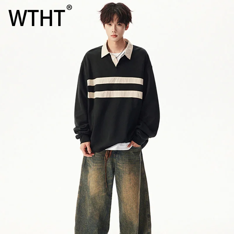 

WTHT винтажные осенние мужские полосатые футболки контрастного цвета 2025 года, модный осенний топ с отложным воротником и длинными рукавами, мужской топ 2A2189