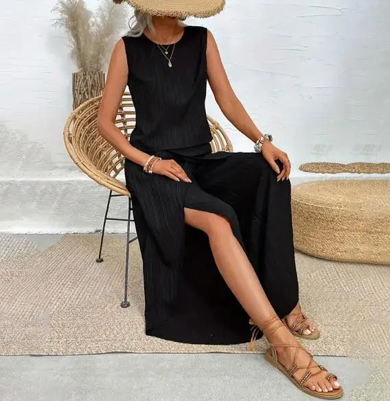 

Two Piece Set Women Outfit 2026 Spring Summer New Solid Color Round Neck Sleeveless Vest Top & Casual Wide Leg Pants Set