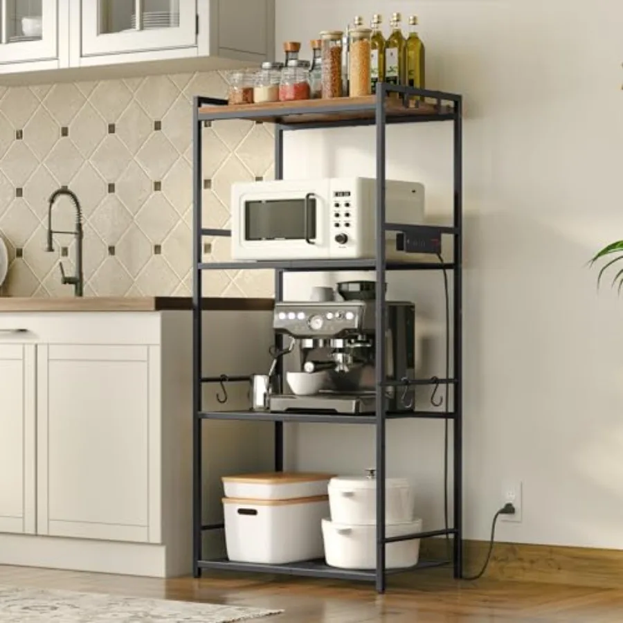 

Bakers Rack with Power Outlet Microwave Stand with Hooks Multifunctional Storage Rack Coffee Bar with Enclosure Kitchen Storage