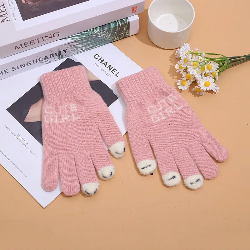 Cute Panda Fingertip Warm Gloves Women Girls Winter Fluffy Knitted Fingerless Glove Wool Touchscreen Phone Full Finger Mittens