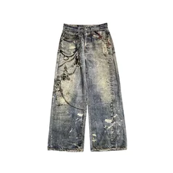 CHIC Streetwear Baggy Jeans for Men American Vintage 3D Painting Printed Washed Denim Pants Women Straight Wide Leg Trousers