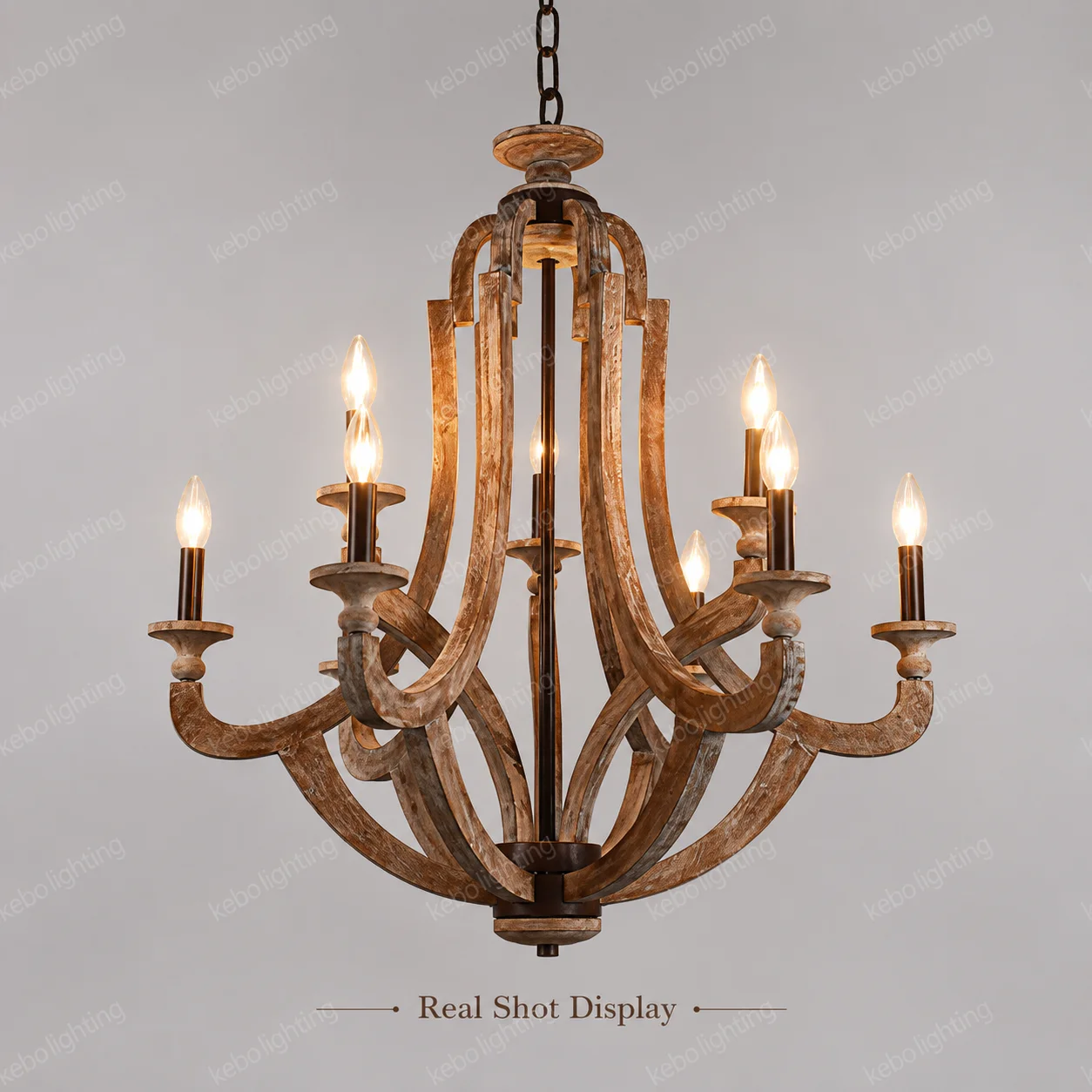 Rustic Farmhouse Wood Pendant Light Fixture Adjustable Chain Oak Wood and Metal Pendant Lighting for Kitchen Island Sink Hallway