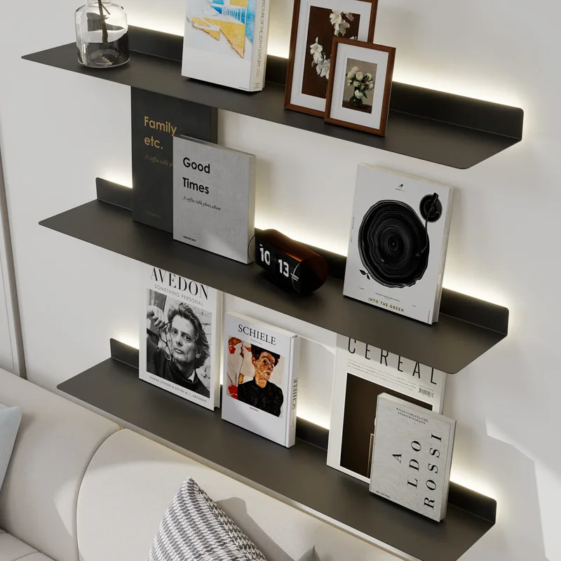 Customized aluminum alloy luminous laminate storage wall wall display L-shaped shelf bookshelf with light baffle LED shelf
