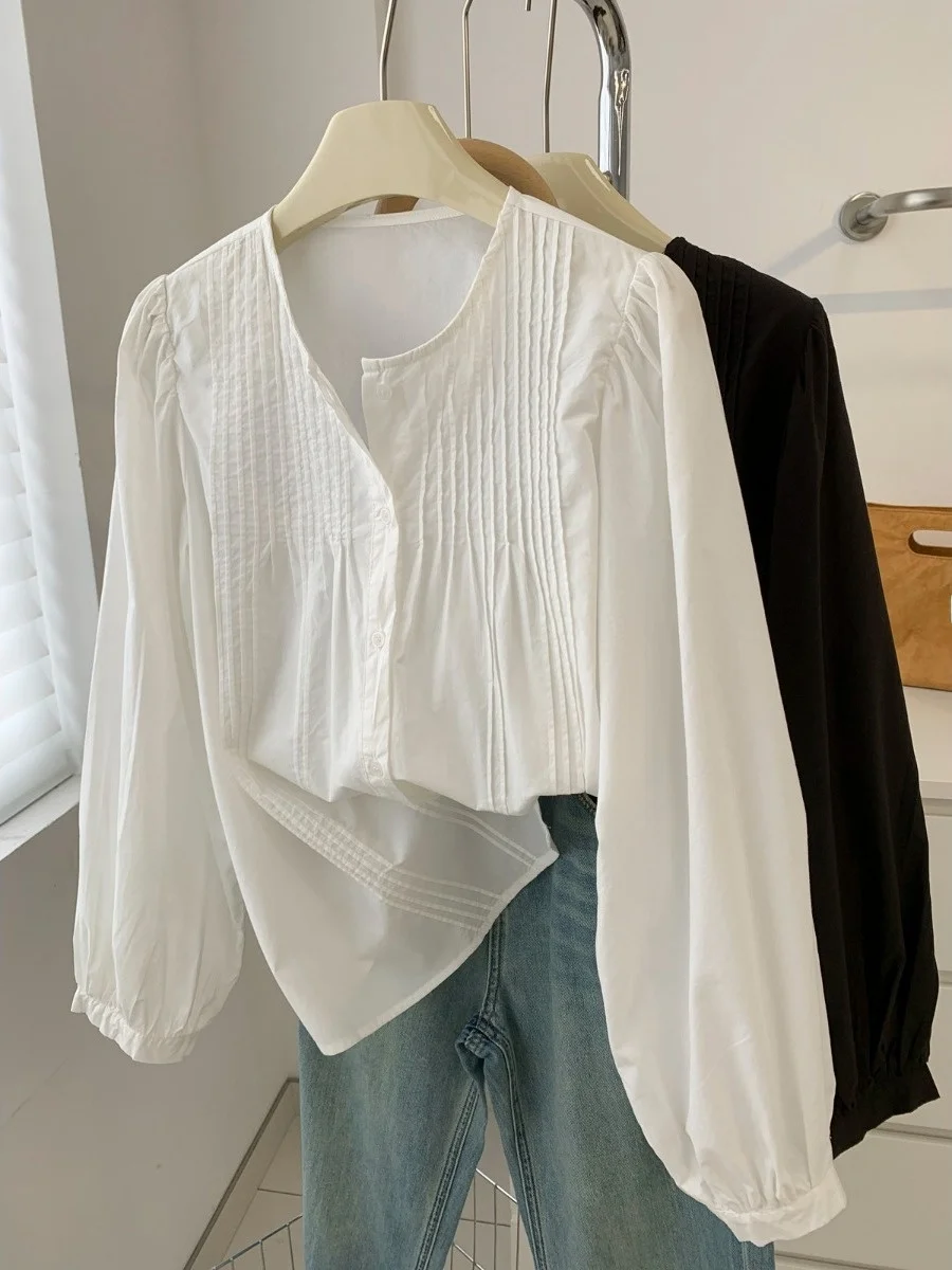 

Casual Loose Long Sleeve round Neck White Shirt Simple Style Spring New Arrival Women's Cotton T-Shirt Comfortable Fit Outerwear