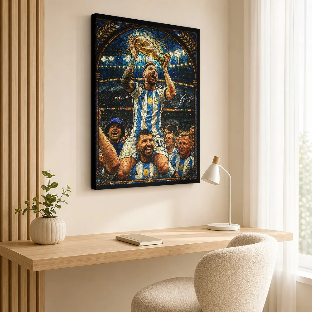 Messi lifts  in stained glass style Framed Canvas Print Poster Customized Photo Sports Portrait Wall Art for Bedroom Gym Decor