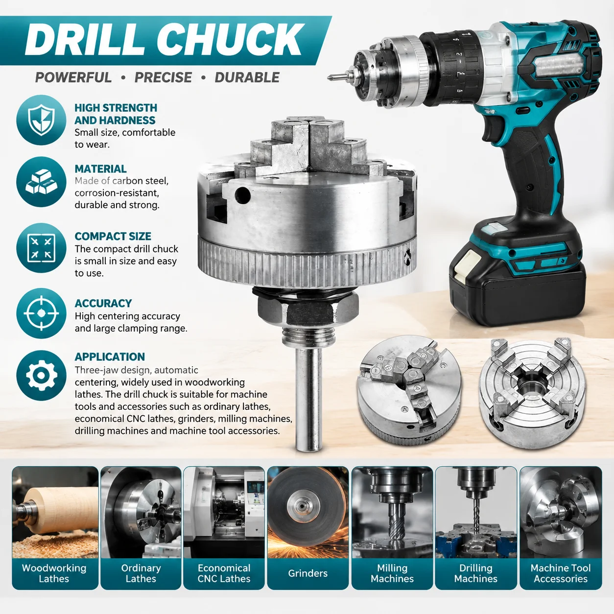 Electric Drill Chuck Self Centring Heavy Duty Lathe Chuck with 3 Jaws 4 Jaws M12 X 1mm Thread Linkage Electric Drilling Lathe Tools for Bench Lathe Turning Machine Accessories Home Workshop DIY Repair Precision
