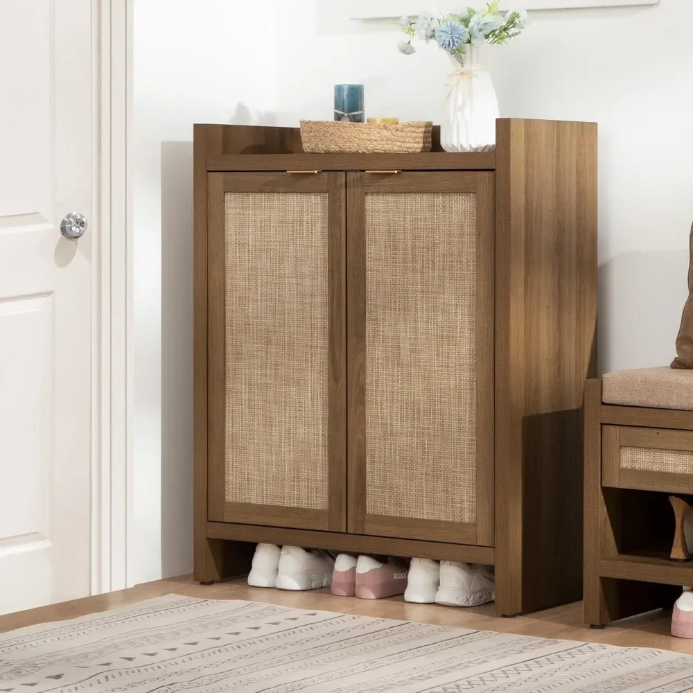 

41" Tall Rattan Shoe Cabinet with Doors and Shelves, Farmhouse Boho Wooden Storage Cabinet for Entryway Hallway Closet Bedroom