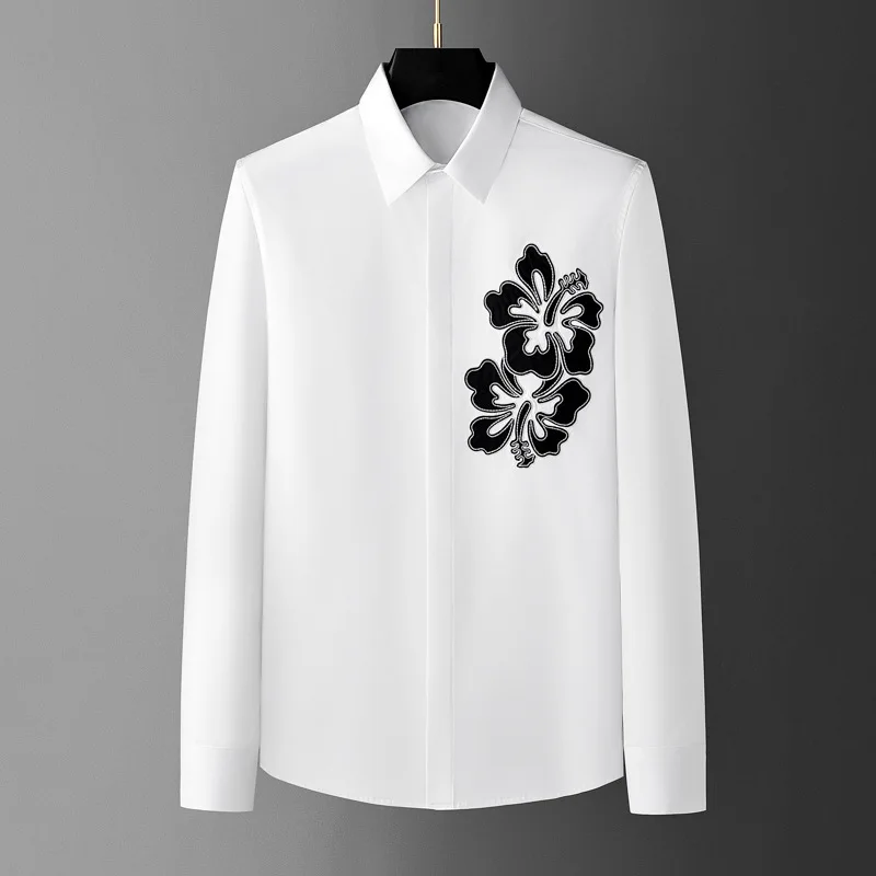 2026 Spring Flower Embroidered Long Sleeve Shirt Men Fashion Slim Casual Shirt Versatile Business Social Banquet Party Shirts