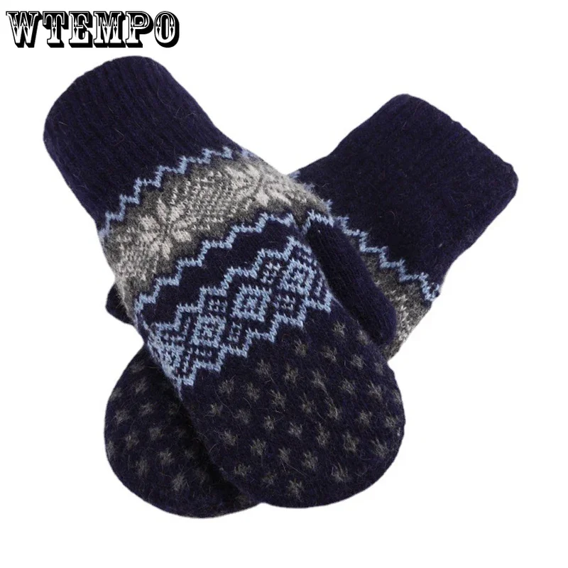 WTEMPO Fall Winter Couple Thick Warm Wool Mittens Double Layered Velvet Cold-proof Cycling Gloves Knitted Finger Wrapped Gloves