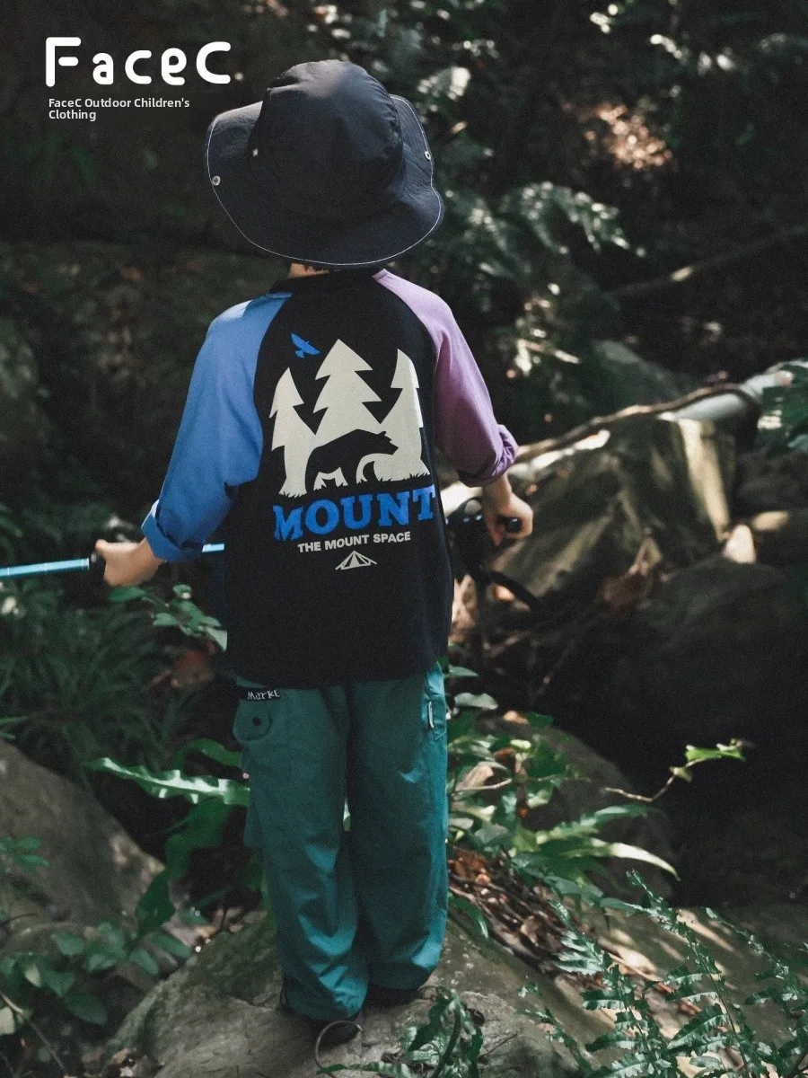 Facec Boys Long Sleeve T-Shirt Pure Cotton Outdoor Camping Shoulder Insert Design Spring Autumn New Style Children's Upper Ap...
