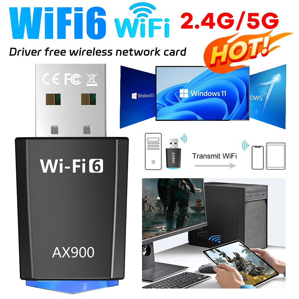 AX900 Driver-Free Wireless Network Card Dual-Band USB Network Card 900Mbps USB WiFi Dongle 2.4G&5GHz for Laptop Windows 7 10 11