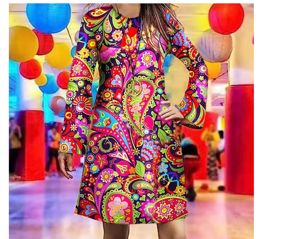女性用スカーフ付きヒッピーコスチューム,カーニバルスーツ,ハロウィーン,ヴィンテージ,70年代,80年代,ロック,ディスコ,コスプレ衣装,パーティー,ファンタジー,ドレスアップ