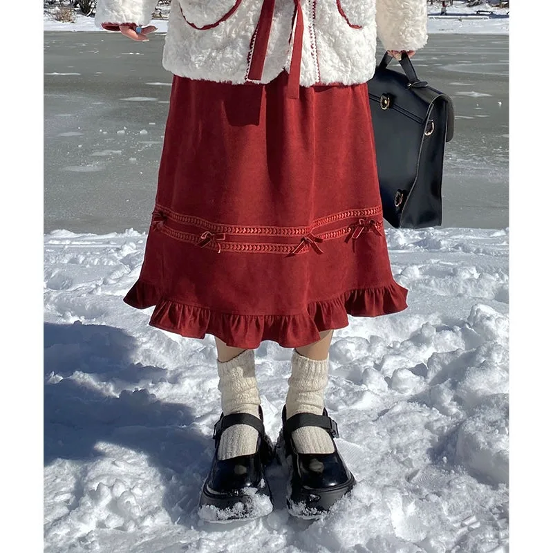 

Винтажная красная юбка средней длины с бантом, женская осень 2024, новая японская свободная универсальная юбка трапециевидной формы с высокой талией и рюшами