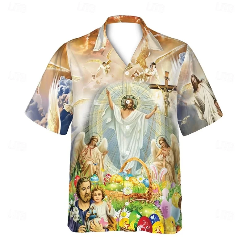 Cross Jesus Pattern Hawaiian Shirt For Men Easter Egg 3D Printed Short Sleeves Summer Street Blouse Surf Beachwear Aloha Shirts