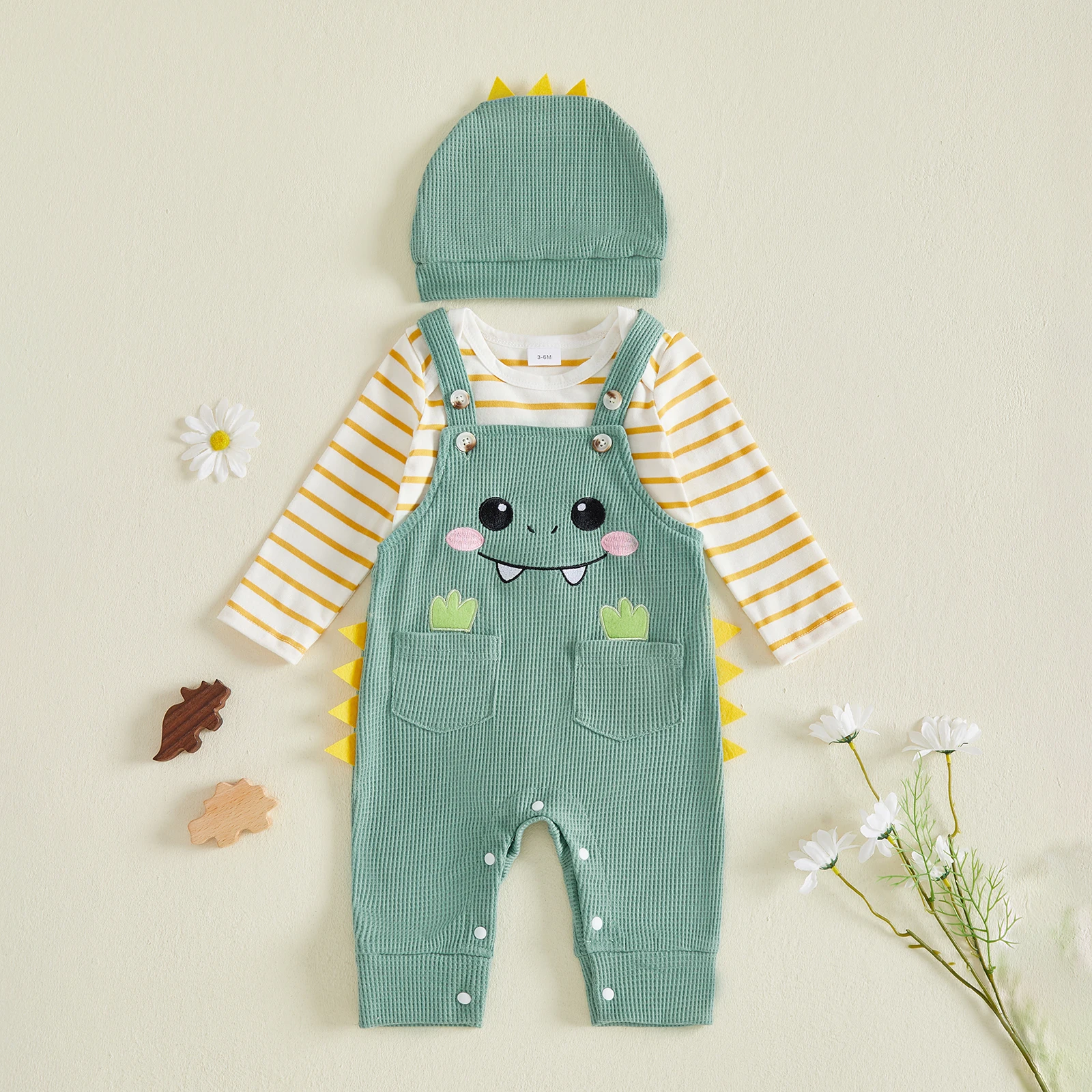 Baby Boy Dinosaur Outfits Long Sleeve Stripe Romper Suspender Pants Hat Set Cute Baby Autumn Clothes Costume