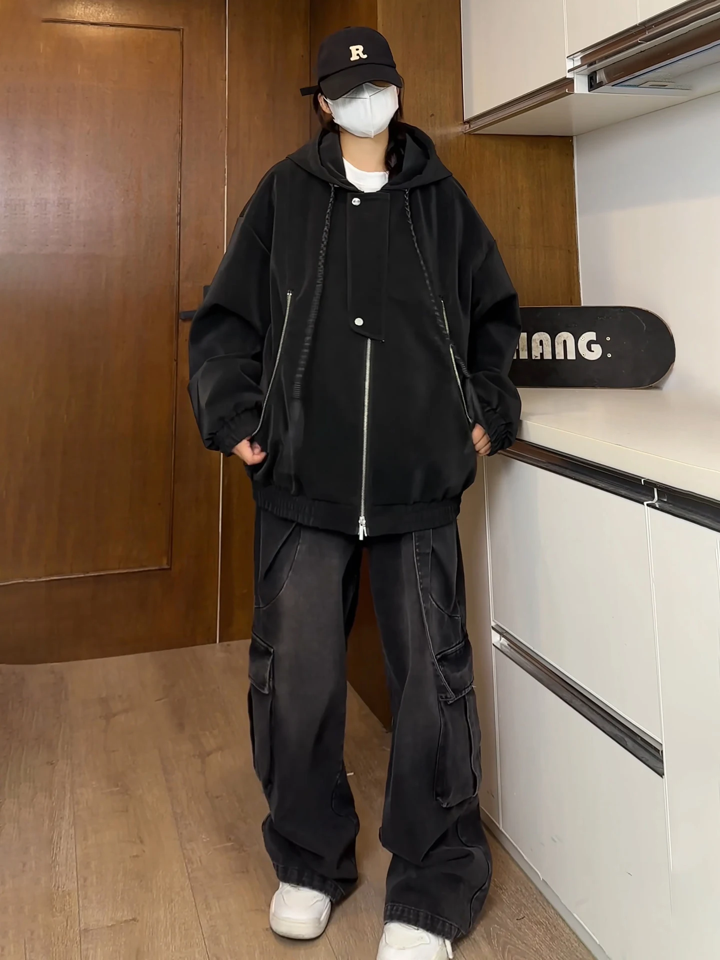 

American Sle Matte Hooded Leather Jaet Men's Casual Faion Autumn Season Cleanfit Motorcycle Sle Couple's Baseball Outfit