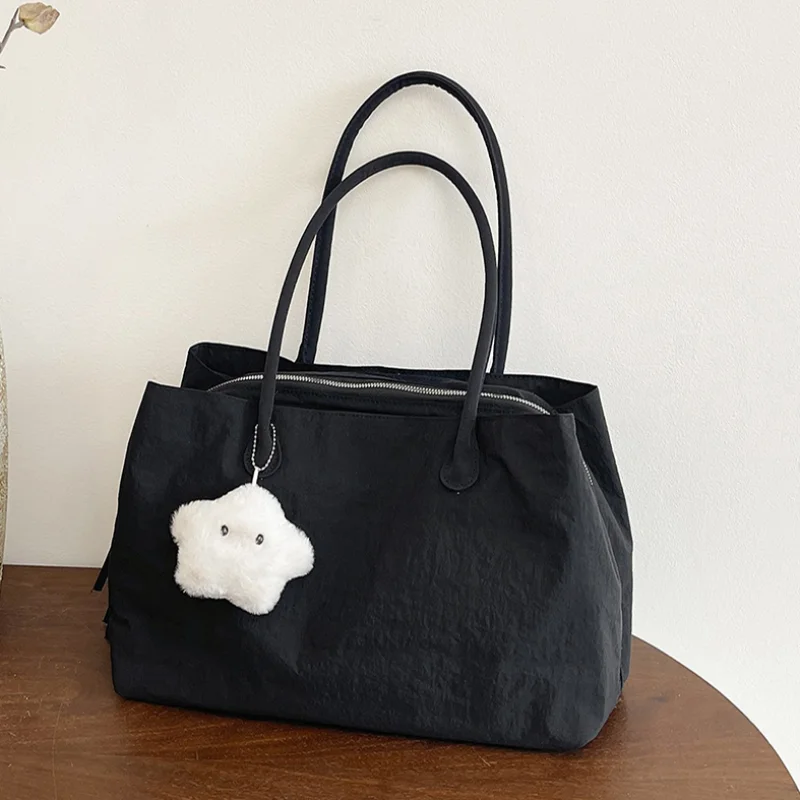 

Large Capacity Women's Tote Bag Multi-compartment Lightweight Nylon Shoulder Bag Minimalist Solid Color Commuter Handbag