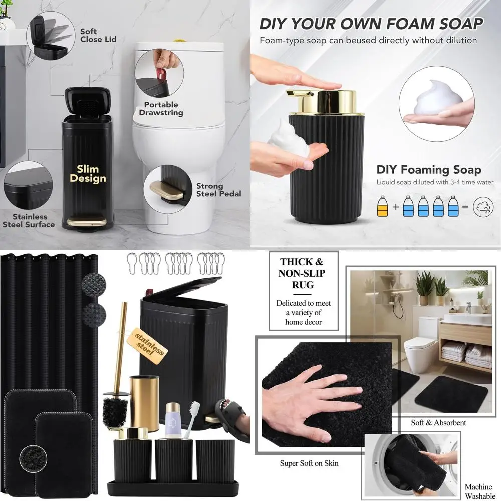 

9-Piece Black & Gold Bathroom Accessory Set: Includes Stainless Steel Trash Can, Toilet Brush, Toothbrush Holder, Soap Dispenser
