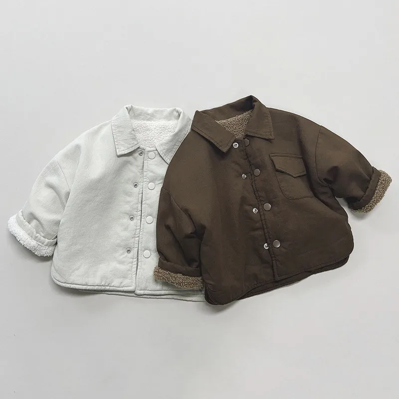 Autumn Winter Baby Retro Plus Velvet Lapel Coat Kid Boy Solid Long Sleeve Tops Girl Children Cotton Thick Warm Jacket Clothes