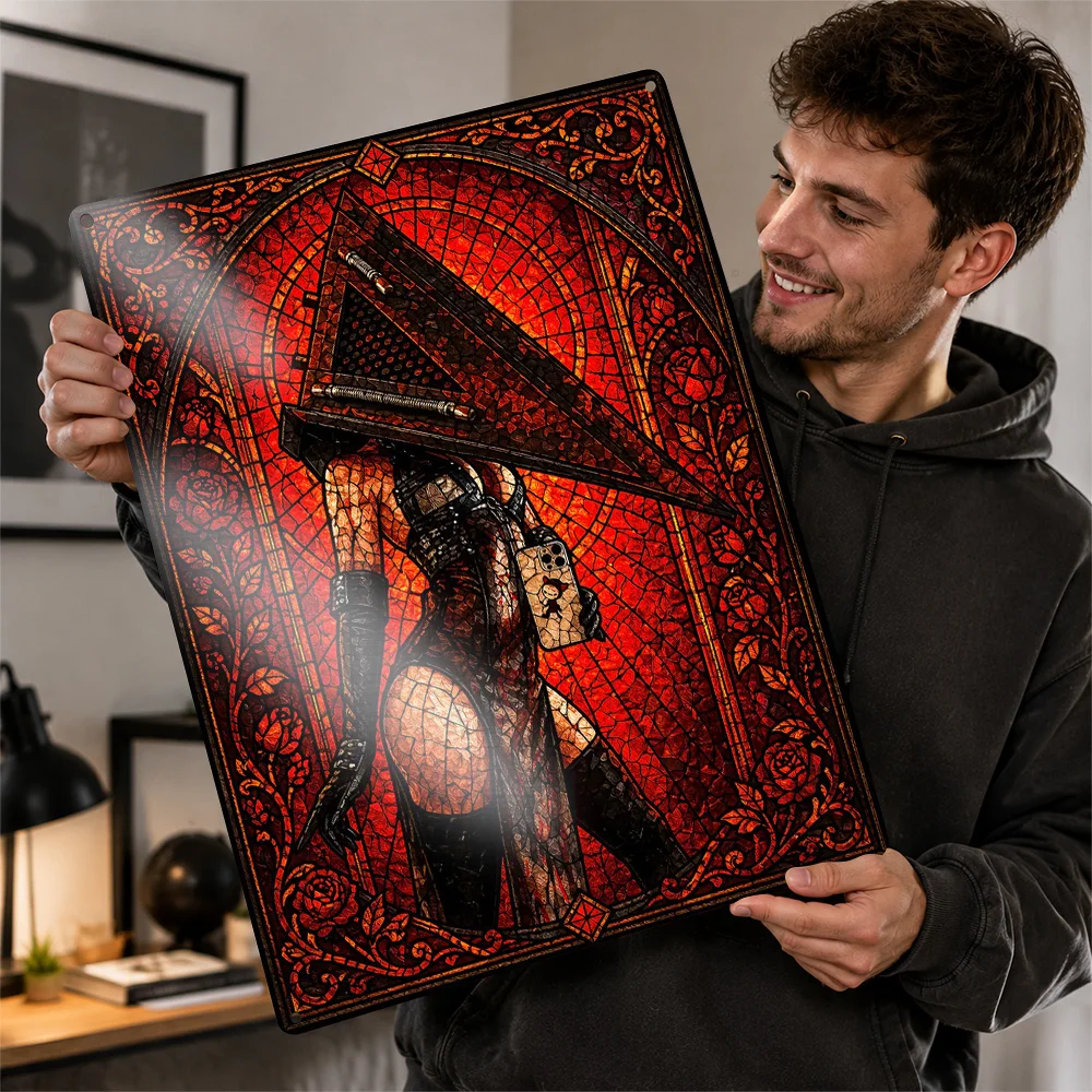 Pyramid Head Selfie Aluminum Poster Stained Glass Wall Art For Gaming Room Or Bedroom Personalized Metal Sign Housewarming Gift