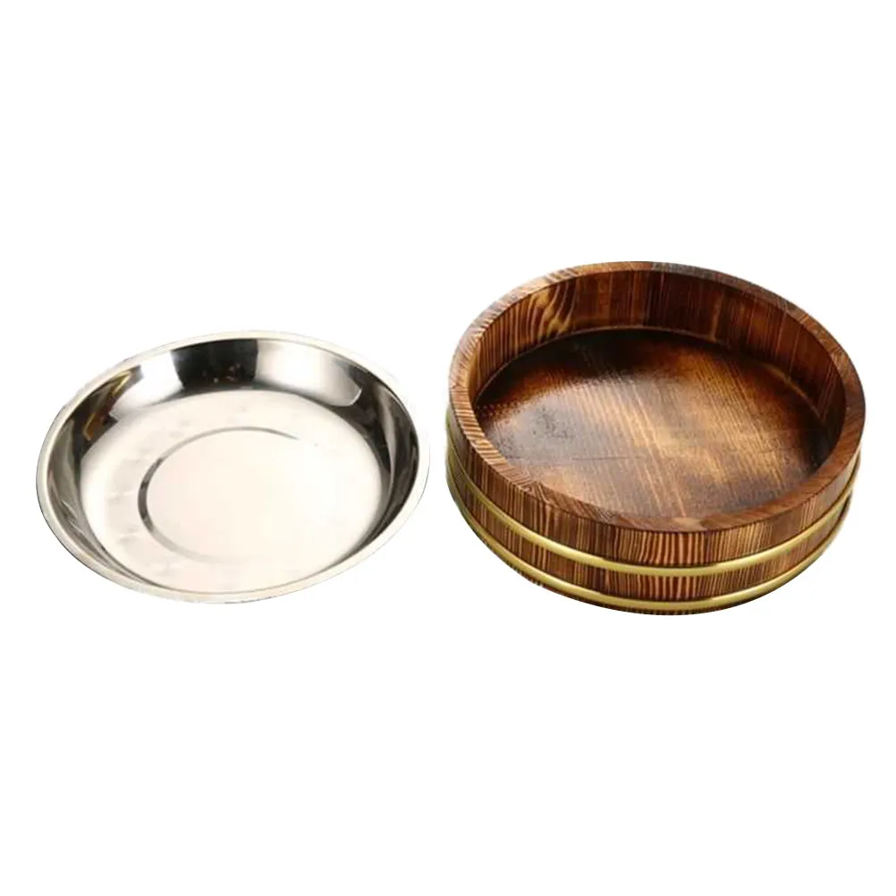

1 шт. Многофункциональная деревянная миска для риса с ободком из нержавеющей стали, тарелка для суши, поднос для подачи лобстеров, для домашнего использования, ресторанов и столовых