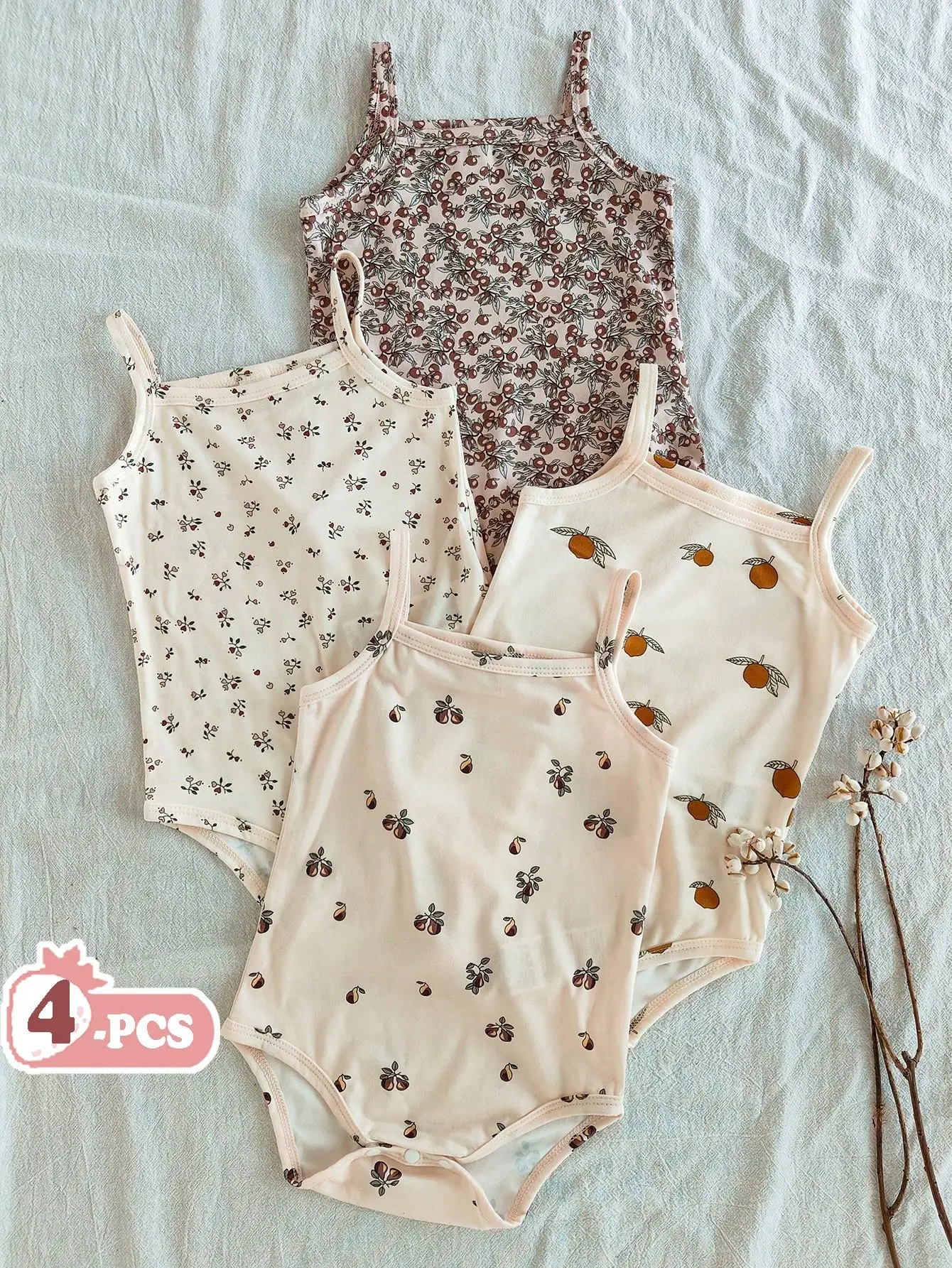 Souflis Souflis - Conjunto de 4 Bodys de Bebé Niña con Estampado Floral, Estilo Campestre, Moderno y Bonito, Primavera/Verano