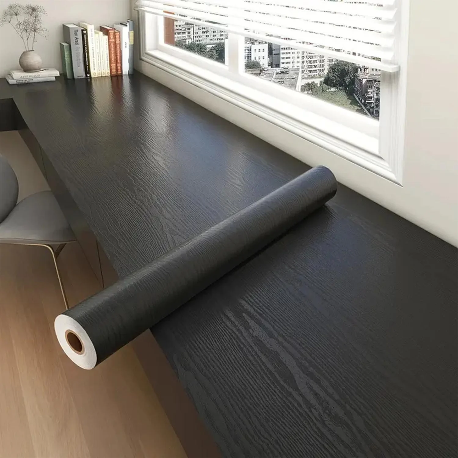 PVC Wood Grain Self-Adhesive Wallpaper Black White Solid Color 55cm Suitable For Wardrobes Kitchen Furniture And Wall Decoration